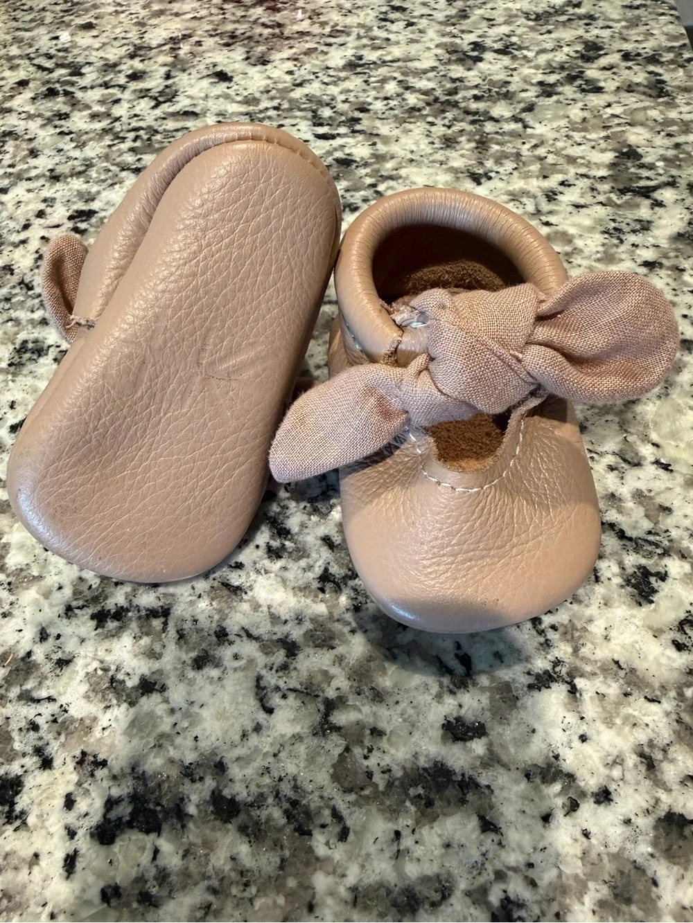 Freshly Picked Baby Girl Beige Blush Linen Bow Leather Moccasins